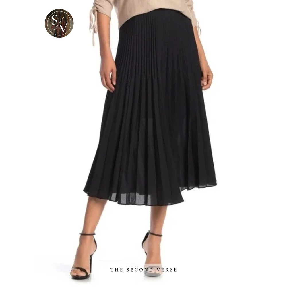 Max Studio Black Pleated Midi Skirt XL Elastic Waist Classic Minimalist
